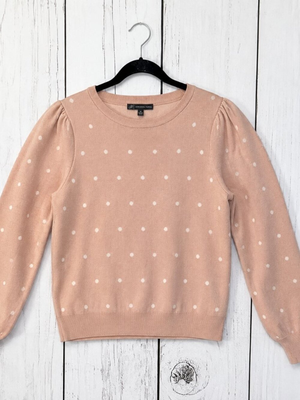 Adrianna Papell Blush Pink Polka Dot Puff Sleeve Sweater Size M - Picture 2 of 10